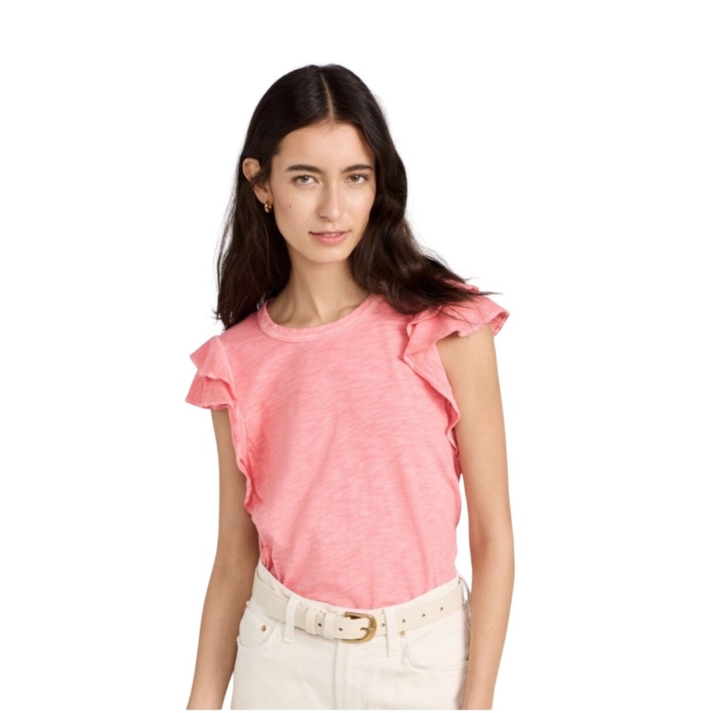 Veronica Beard Jeans Tati Ruffle Sleeve Slub Cotton Top Tee Pink XS